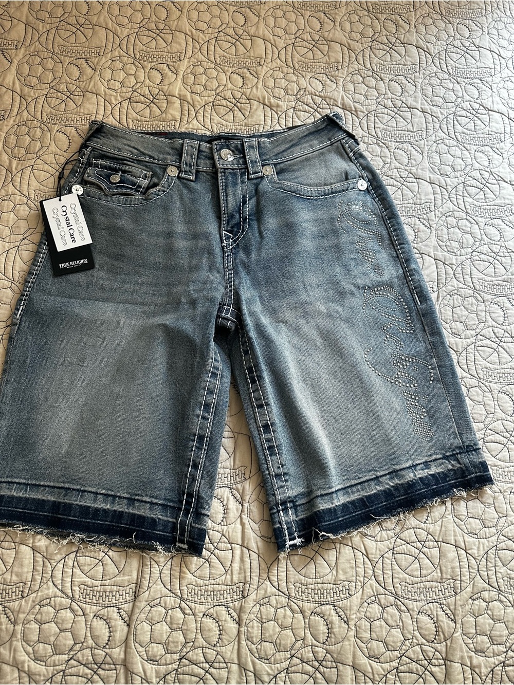True Religion Blue Embellished Denim Bermuda Shorts